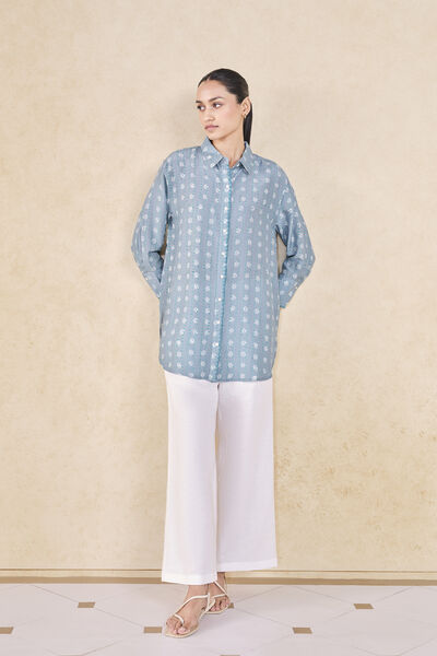 Seaway Hand-block Printed Linen Shirt - Blue
